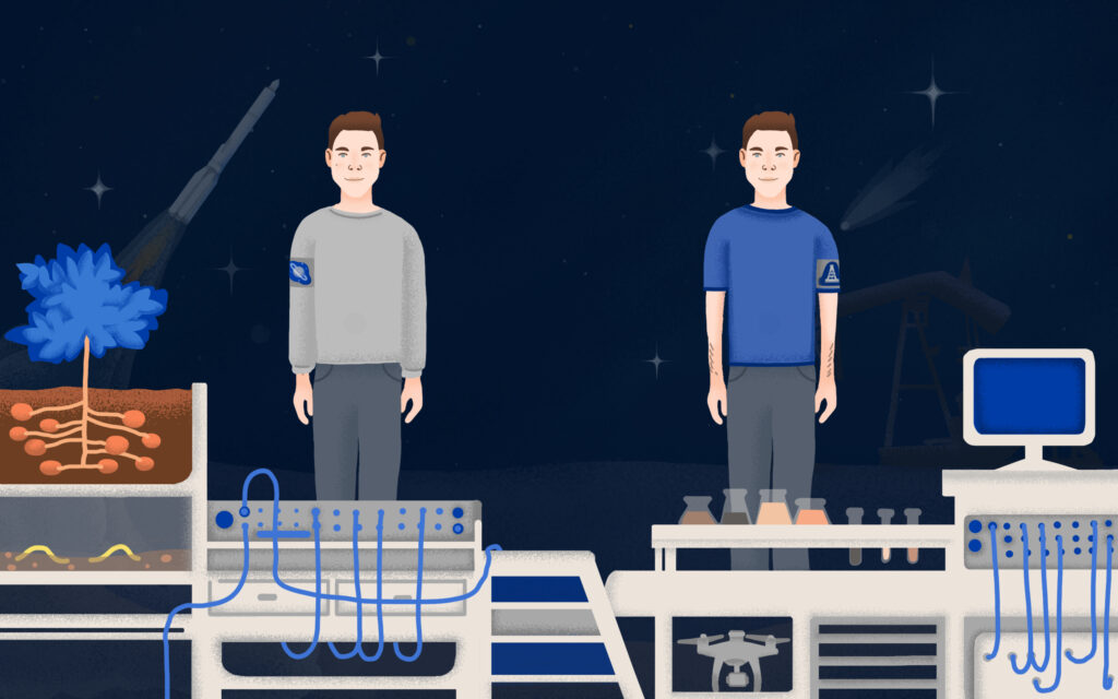 Astronaut and oilworker educational illustrations